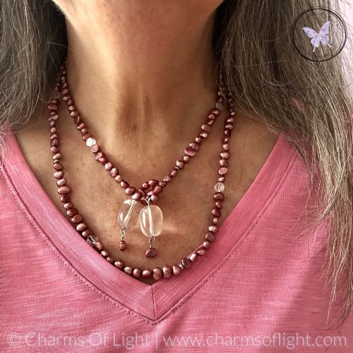 Pearl & Clear Quartz Lariat Necklace (Burgundy)